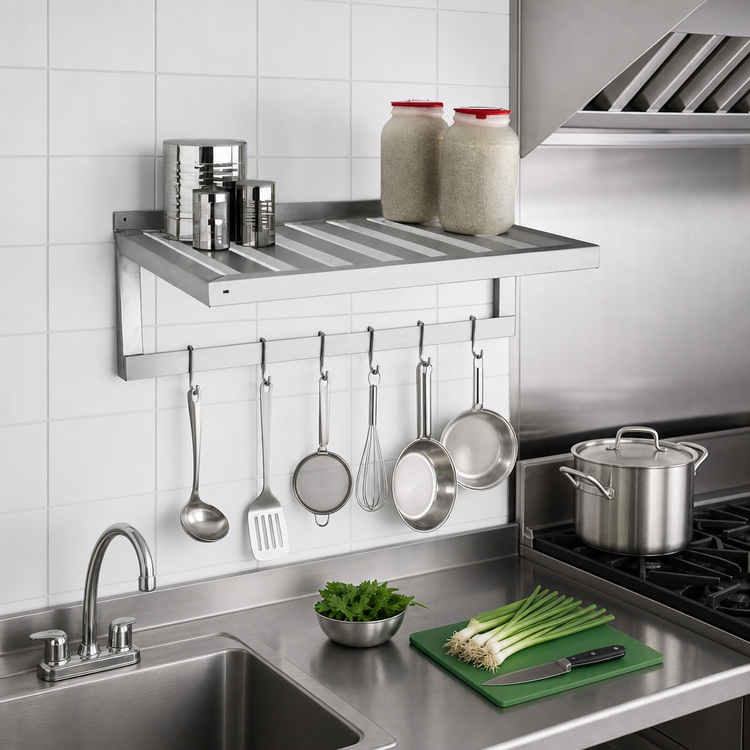 Product image #3 for New Age Wall-Mounted T-Bar Aluminum Shelf with Pot Rack, 36 x 20 Inches, 700 Lb. Capacity, 6 Hooks