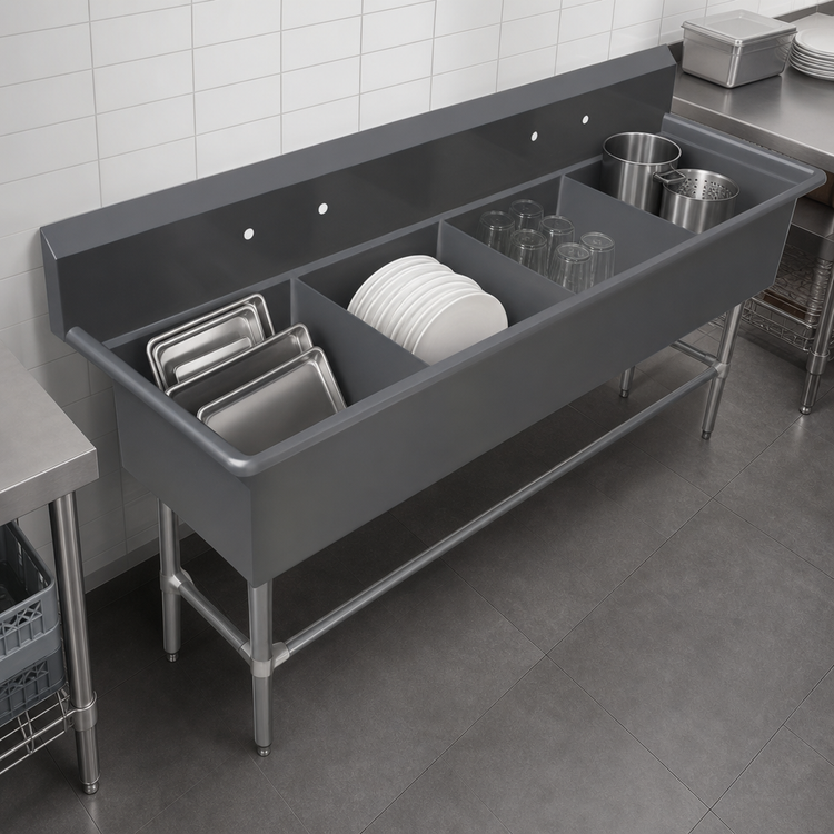 Product image #3 for John Boos Pro-Bowl 4-Compartment Stainless Steel Floor Model Sink with Legs, 125-1/8 Inch Wide x 29-1/2 Inch Deep