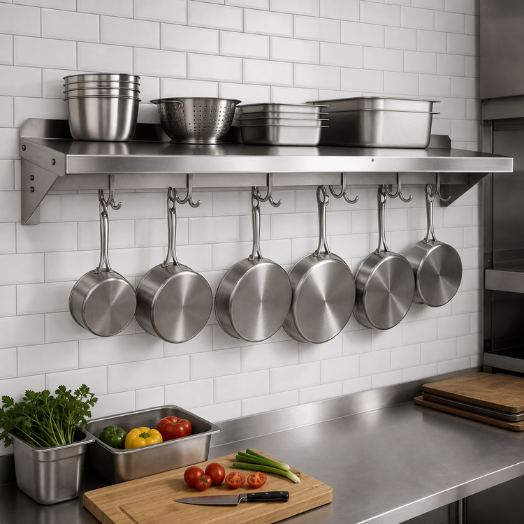 Product image #3 for John Boos Stallion 132-Inch Wall-Mounted Stainless Steel Pot Rack Shelf with 11 Hooks