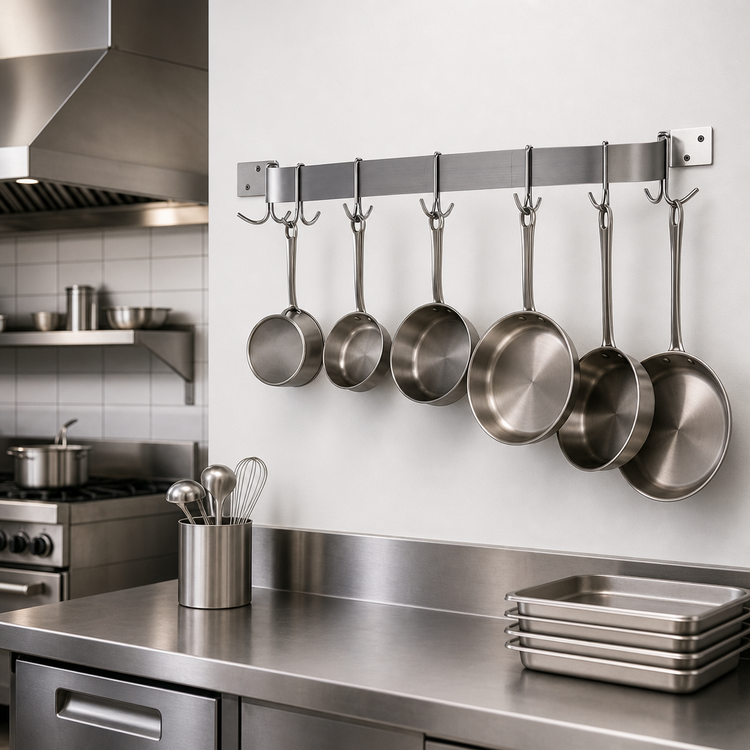Product image #3 for Advance Tabco Wall-Mounted Stainless Steel Pot Rack with Single Bar and 6 Double Hooks, 48 Inches