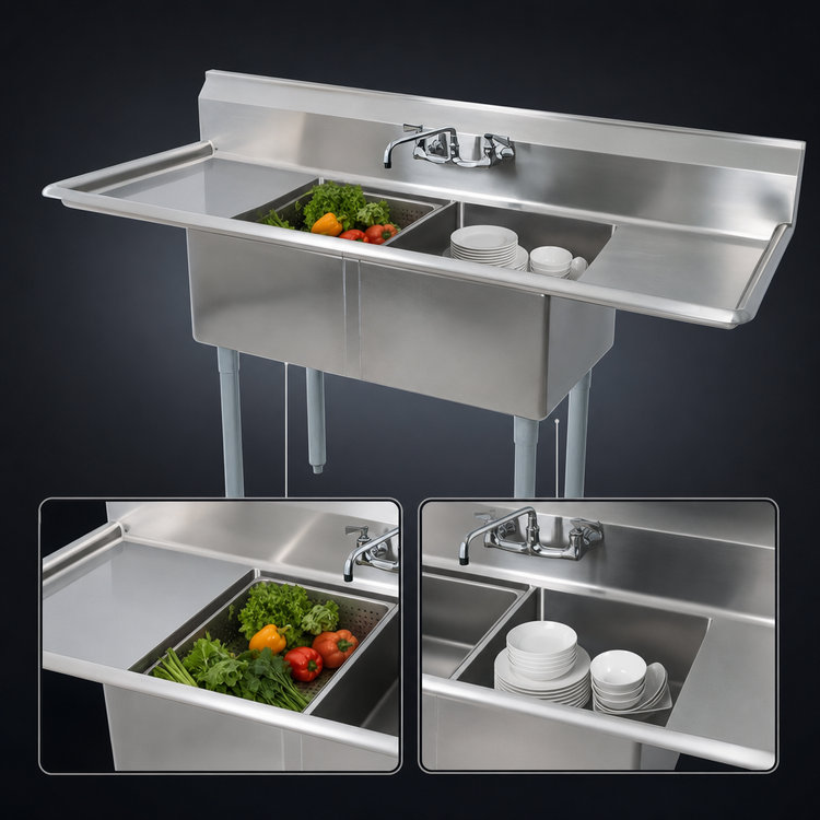 Product image #3 for BK Resources 68-Inch Two-Compartment Stainless Steel Sink with Left and Right Drainboards