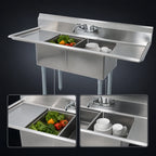 Thumbnail image #3 for BK Resources BKS-2-1620-12-18T 68-Inch Two-Compartment Stainless Steel Sink with Left and Right Drainboards, 16 x 20 x 12-Inch Compartments