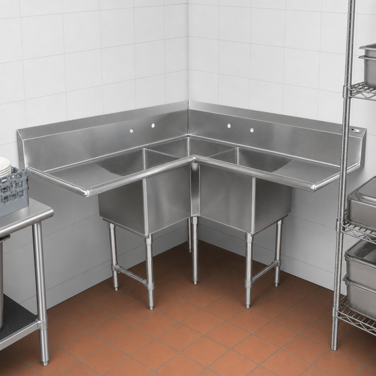 Product image #3 for John Boos Pro-Bowl 3-Compartment Corner Sink with Dual 24-Inch Drainboards, 76-1/2" x 76-1/2"