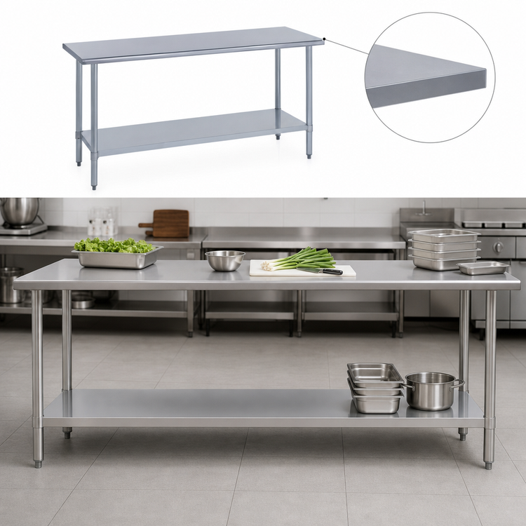 Product image #3 for Duke Flat-Top Stainless Steel Work Table with Undershelf and Posts, 144-Inch x 24-Inch x 36-Inch
