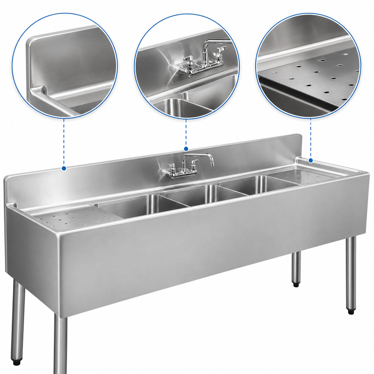 Product image #3 for CHOICE 84-Inch Three-Compartment Underbar Sink Unit with Dual Drainboards and Deck-Mount Faucet