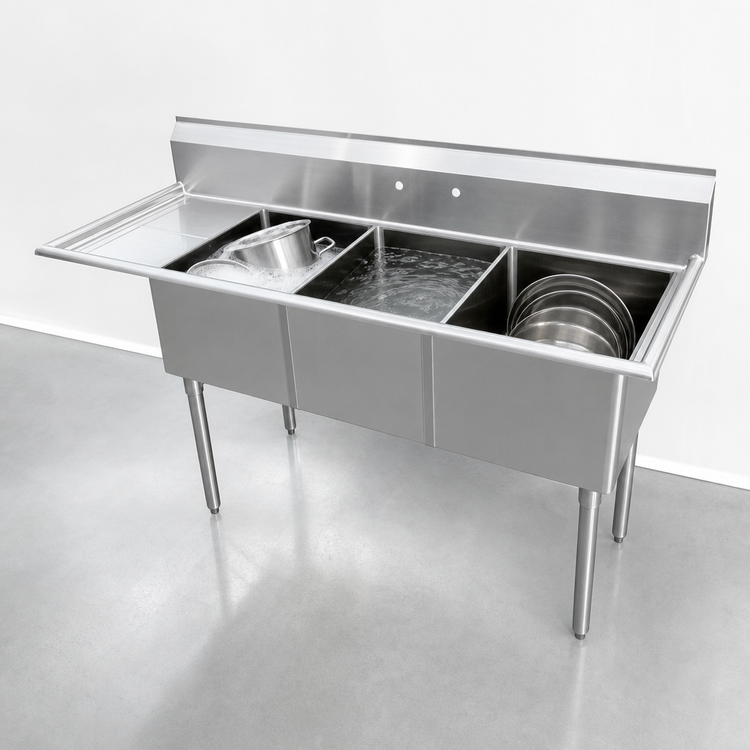 Product image #3 for Omcan 3-Compartment Floor Model Pot Sink with Left Drainboard, 18-Gauge 304 Stainless Steel