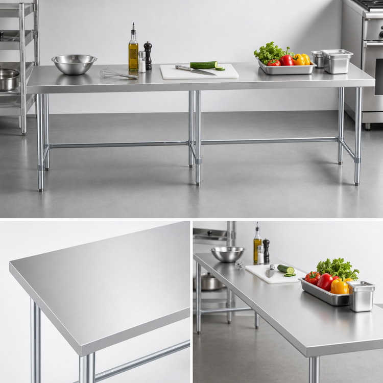Product image #3 for Sapphire 108-Inch x 18-Inch x 35-Inch Flat Top Stainless Steel Work Table with Open Base and Galvanized Legs