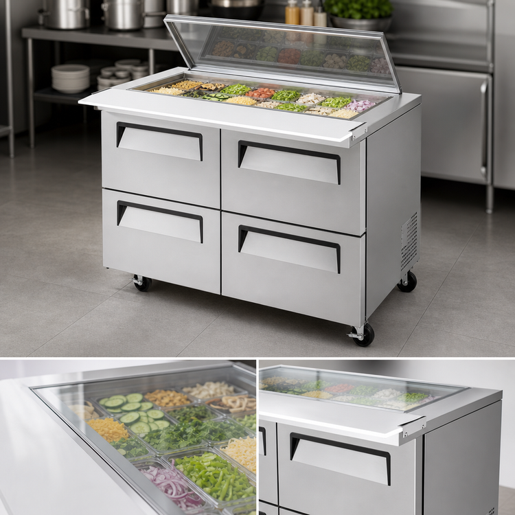 Product image #3 for Turbo Air Super Deluxe 48-1/4-Inch Two-Section Refrigerated Mega Top Sandwich/Salad Prep Table with Glass Lid and 4 Drawers