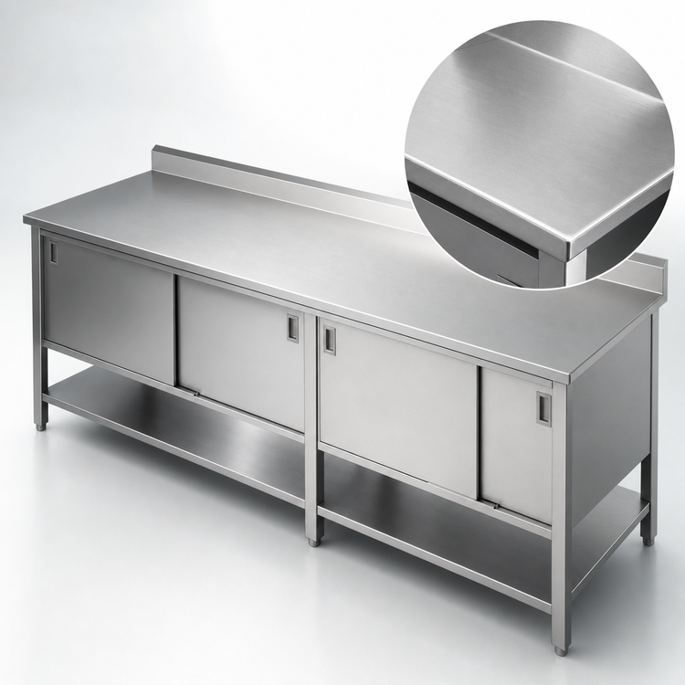 Product image #3 for John Boos Enclosed Base Stainless Steel Work Table with Sliding Doors, 5-Inch Backsplash, and Undershelf - 132 x 24 Inches