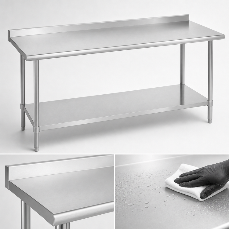 Product image #3 for Duke Supreme 60-Inch x 36-Inch 14-Gauge 300 Series Stainless Steel Work Table with 1-1/8-Inch Straight Riser