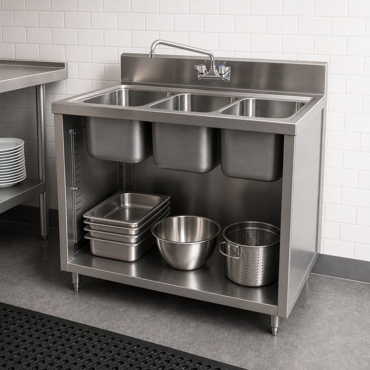 Product image #3 for 36 Inch x 24 Inch Open Front Three Compartment Stainless Steel Sink Cabinet with Included Faucet