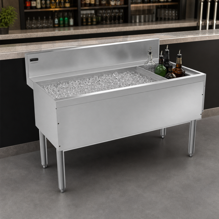 Product image #3 for Advance Tabco Prestige 36-Inch Stainless Steel Bar Ice Bin with Right-Side Bottle Storage Rack, 70 lb Ice Capacity, Without Cold Plate