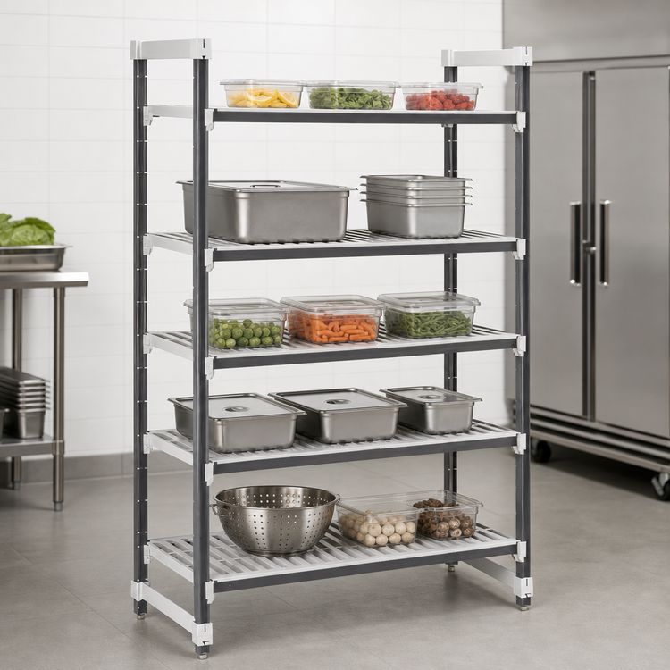 Product image #3 for Cambro Camshelving Elements XTRA 18-Inch Deep x 42-Inch Wide x 84-Inch High 5-Tier Vented Stationary Starter Polymer Shelving Unit