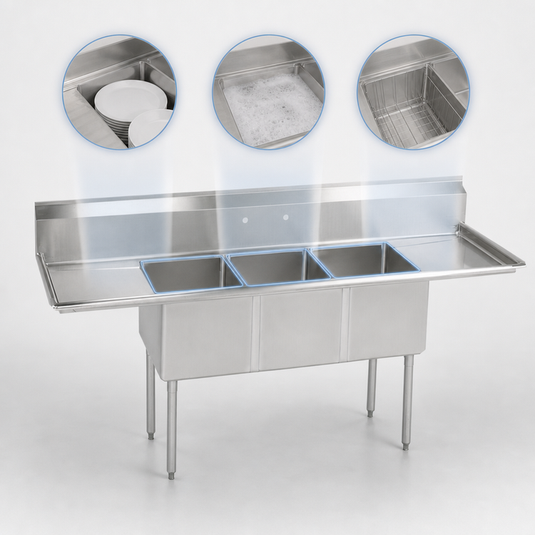 Product image #3 for BK Resources 90-Inch Three Compartment Stainless Steel Sink with Dual Drainboards and 9-Inch Backsplash