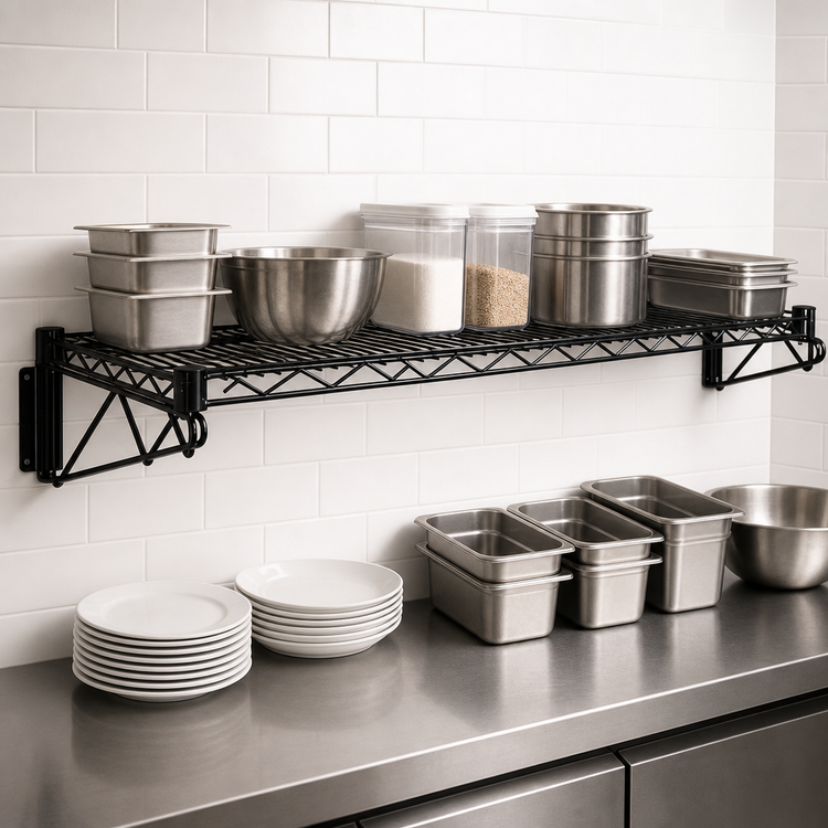 Product image #3 for Quantum Wall-Mount Cantilever Single Wire Shelf, 72W x 18D, Black Epoxy Antimicrobial Finish