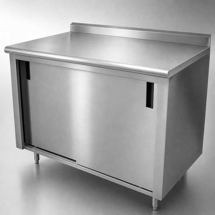 Product image #3 for Advance Tabco 60" x 24" Enclosed Work Table with Sliding Door Cabinet Base, 14-Gauge 304 Stainless Steel Top, 1-1/2" Rear Up-Turn