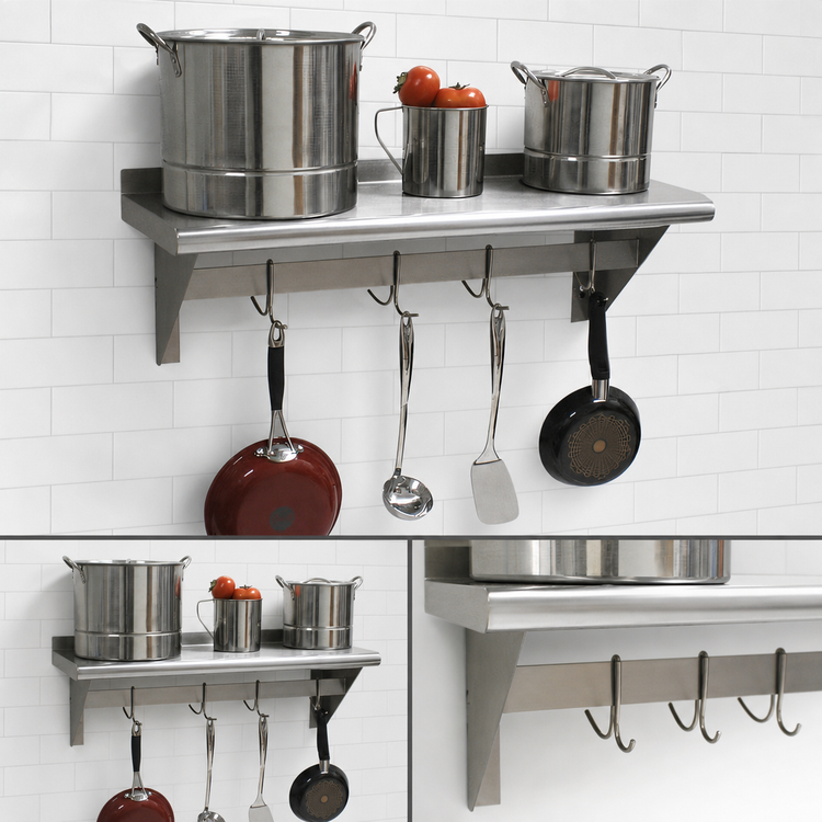 Product image #3 for Advance Tabco Wall-Mounted Stainless Steel Shelf with Pot Rack, 36"W x 18"D, 6 Hooks