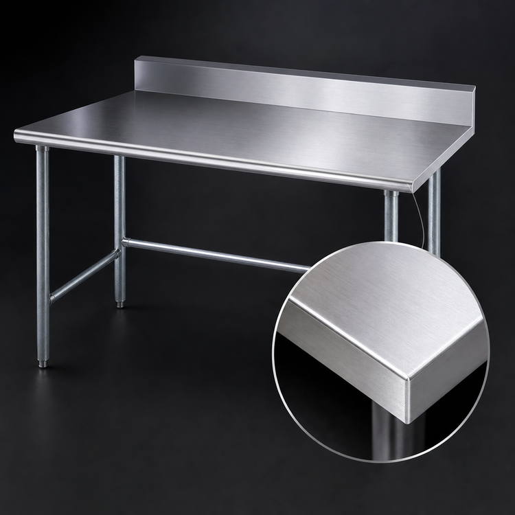 Product image #3 for Advance Tabco 48 Inch x 36 Inch 16-Gauge 304 Stainless Steel Top Work Table with 5 Inch Backsplash and Galvanized Open Base