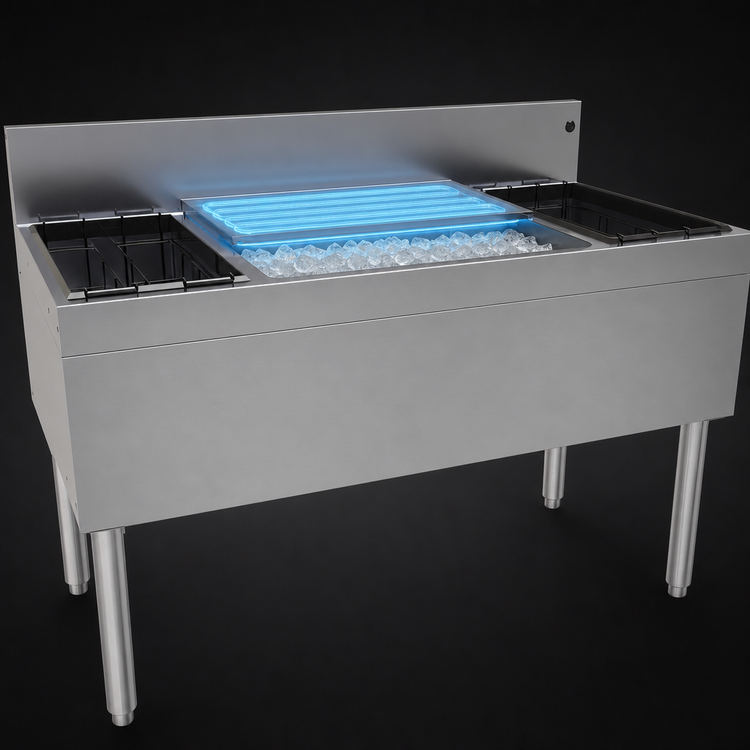 Product image #3 for Glastender 48-Inch Underbar Combo Ice Bin/Cocktail Unit with 10-Circuit Cold Plate and Dual Bottle Wells