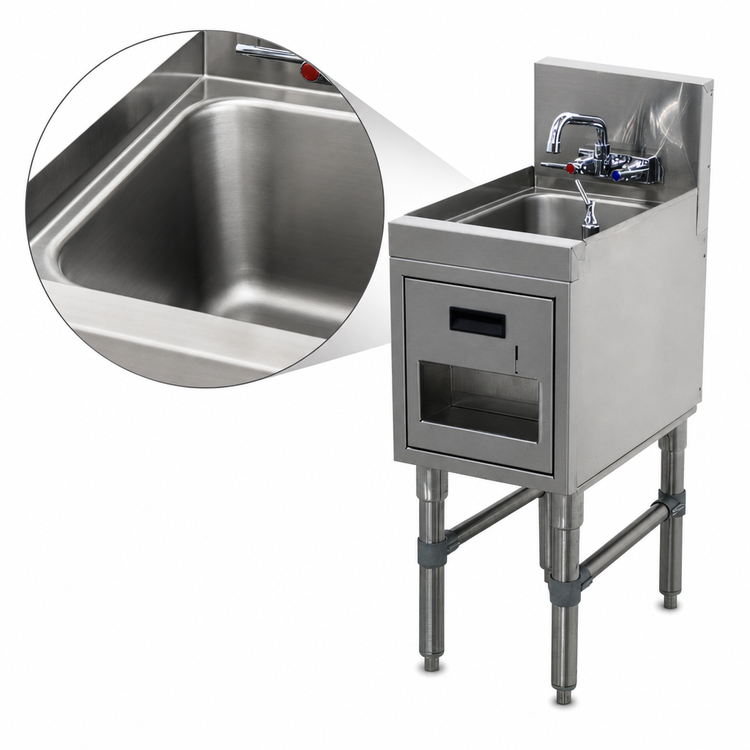 Product image #3 for Advance Tabco Prestige Supreme Underbar Hand Sink with Soap/Towel Dispensers and Splash-Mount Faucet, 12 x 20 x 36 Inches