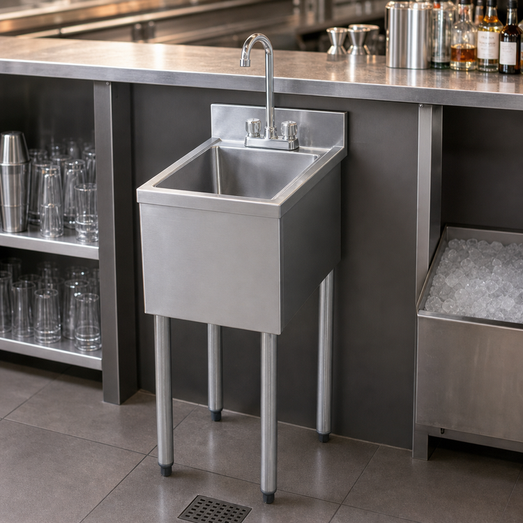 Product image #3 for BK Resources 1-Bowl Underbar Dump Sink with Lead-Free Faucet, 12" W x 18" D x 32-1/2" H, Stainless Steel