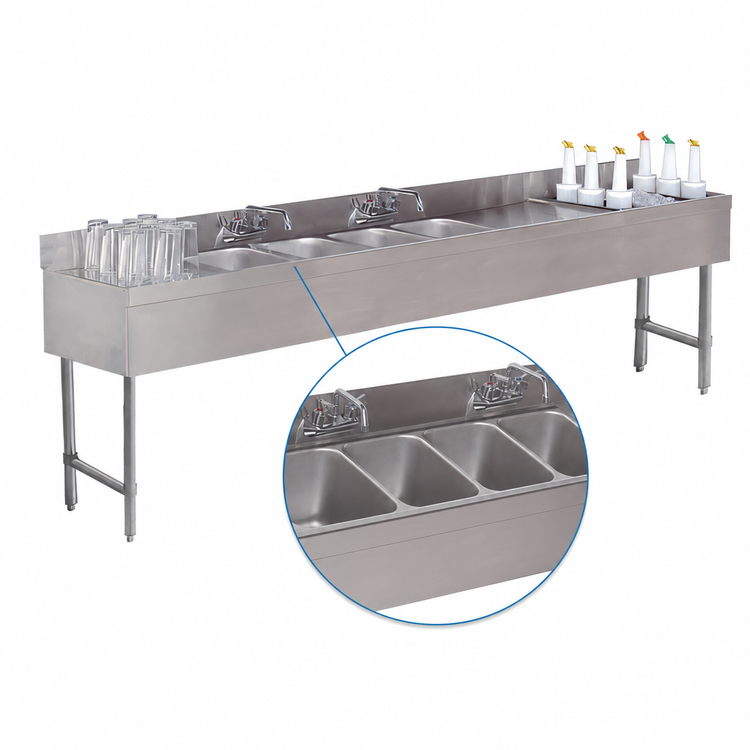 Product image #3 for Advance Tabco Underbar Basics 96-Inch Stainless Steel 3-Bowl Bar Sink and Ice Bin Combo with Right-Side Ice Bin and Splash-Mount Faucet