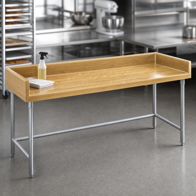 Product image #3 for Advance Tabco Bakers' Top Wood Work Table with 4-Inch Rear and Side Splash, Galvanized Open Base, 96 x 36 x 39.5 Inches