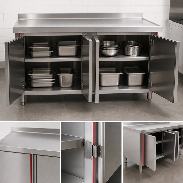 Product image #3 for Spec-Master Marine Series Enclosed Stainless Steel Work Table with Cabinet Base, 84 x 24 Inches, 14-Gauge 304 Top, 4 Hinged Doors, 1-1/2 Inch Rear Up-Turn