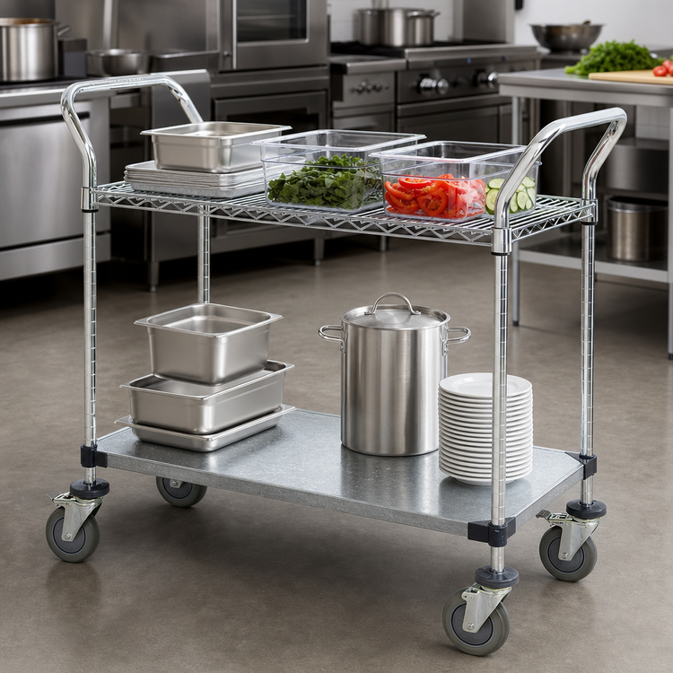 Product image #3 for Quantum Utility Bus Cart with Chrome-Plated Wire and Galvanized Solid Shelves, 48 x 24 in., 2 Shelves, 1200 lb Capacity