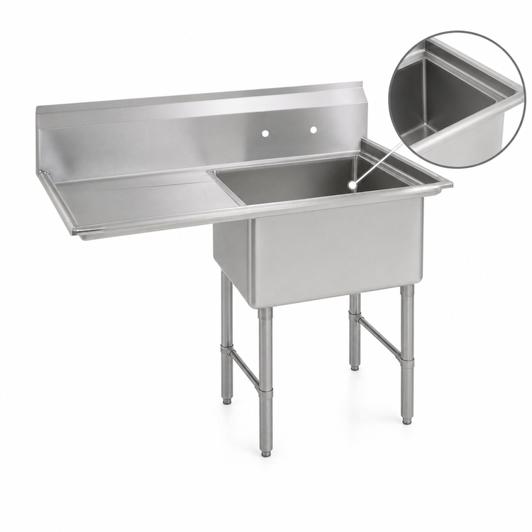 Product image #3 for BK Resources 1-Compartment Stainless Steel Sink with Left Drainboard and Legs, 24" x 24" Bowl