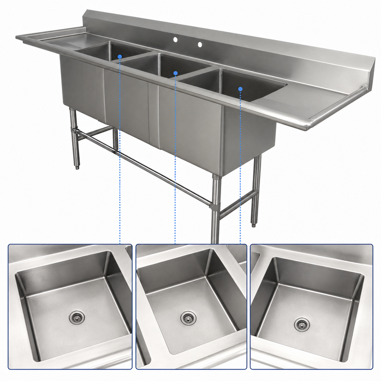 Product image #3 for Advance Tabco FC3M-2028-24RLX 3-Compartment Fabricated Sink with Left & Right 24-Inch Drainboards