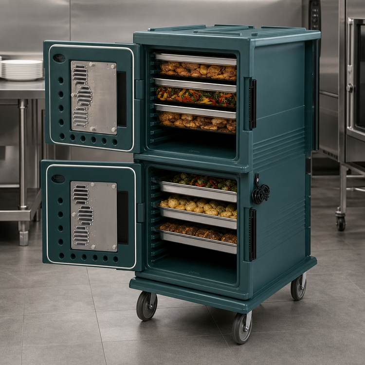 Product image #4 for Cambro Ultra Camcart H-Series Heated Front-Loading 2-Compartment Full-Size GN 1/1 Food Pan Cart with Heavy-Duty Casters, Granite Green