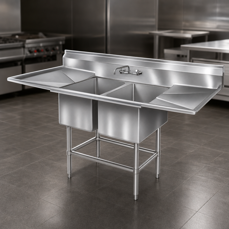 Product image #3 for Eagle Spec-Master FN Series Floor Model 2-Compartment Sink with Dual 30-Inch Drainboards, 14-Gauge 300 Series Stainless Steel