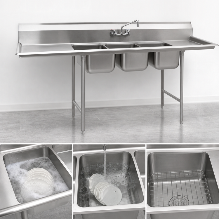 Product image #3 for Eagle Group 3 Compartment Sink with 24 Inch Left Drainboard, 80-3/8 Inch Wide, 430 Stainless Steel