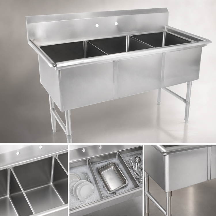 Product image #3 for John Boos B-Series 3-Compartment Stainless Steel Sink, 59-1/8 Inches W x 23-1/2 Inches D, 14-Inch Deep Bowls