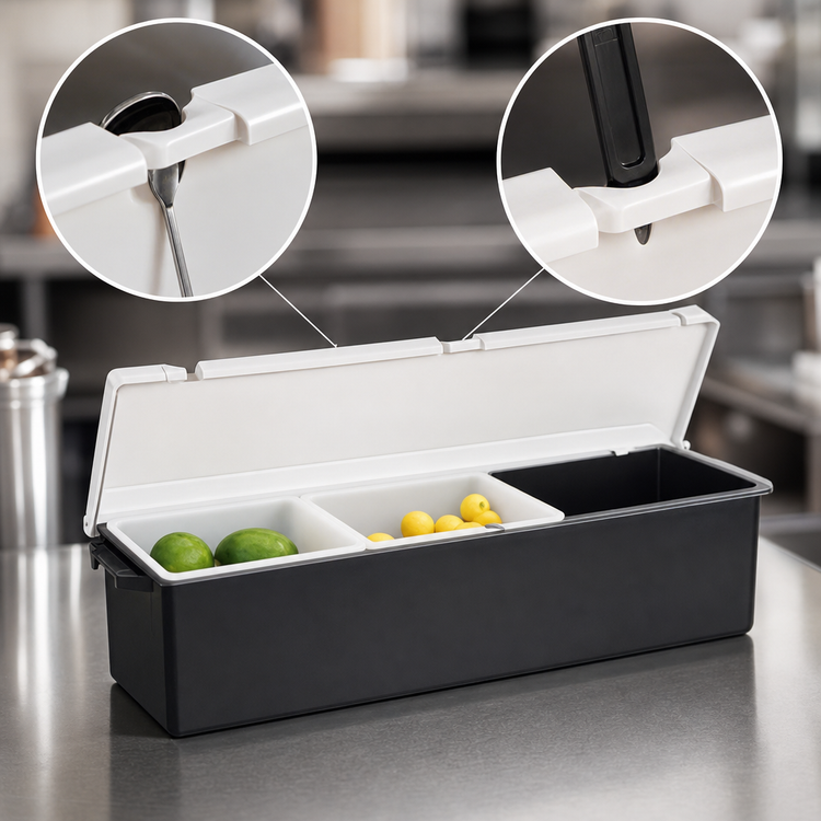 Product image #3 for Vollrath Kondi-Keeper 18-Inch 3-Section Plastic Condiment Dispenser with Notched Lid, Black