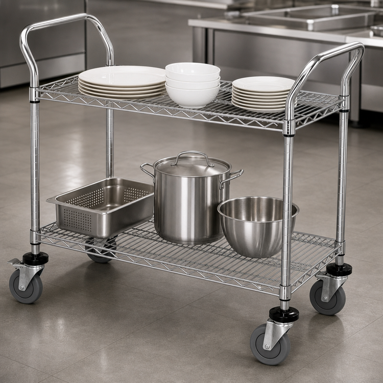 Product image #3 for Quantum 36 Inch x 24 Inch 2-Shelf 304 Stainless Steel Utility Cart with U-Handles