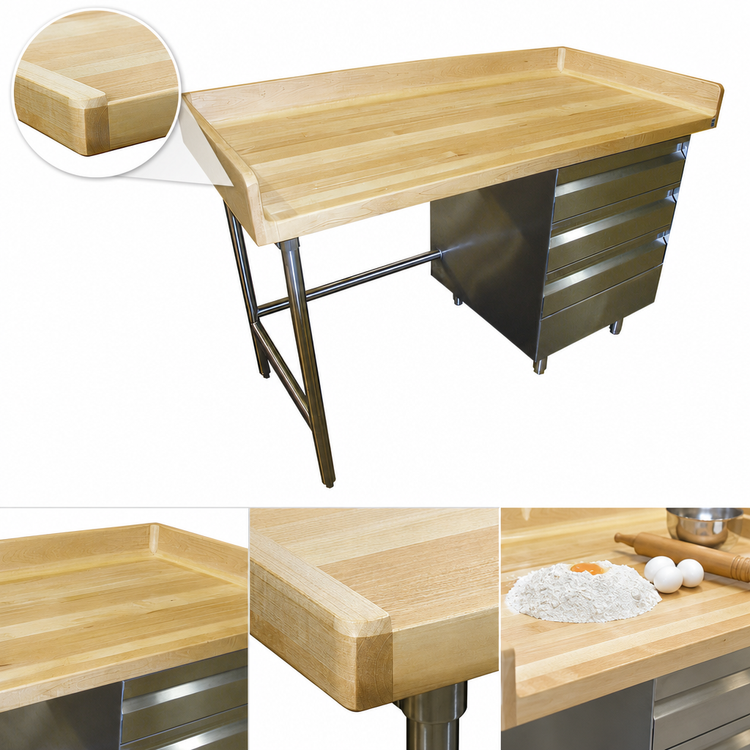 Product image #3 for Advance Tabco 60" x 36" Bakers' Work Table with Wood Top, 3-Tier Drawers, and 4" Rear/Side Splashes