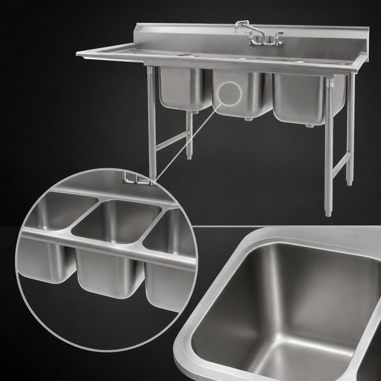 Product image #3 for Eagle Group 414 Series Coved Corner Three-Compartment Sink with 24-Inch Left Drainboard, 24 x 24 x 13-1/2 Inch Bowls