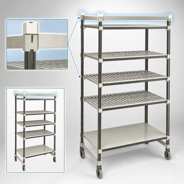 Product image #3 for Cambro Camshelving Elements XTRA Series High Density Top Rail 5-Tier Mobile Starter Unit