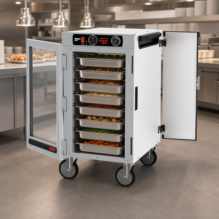 Product image #4 for Metro HotBlox Narrow 8-Pan Mobile Pass-Thru Insulated Holding Cabinet with Analog Control, Clear Front Door and Solid Rear Door