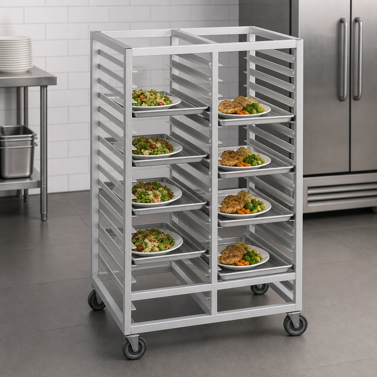 Product image #3 for Channel Double-Section Aluminum Cafeteria Tray Rack, 36-Inch High, 4-Inch Centers, Holds 28 14 x 18 Trays