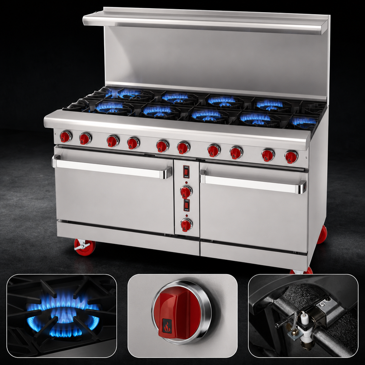 Product image #3 for American Range 60-Inch Green Flame Commercial Gas Range with 10 Open Burners, Standard Left Oven, Space Saver Right Oven, and Backriser Shelf