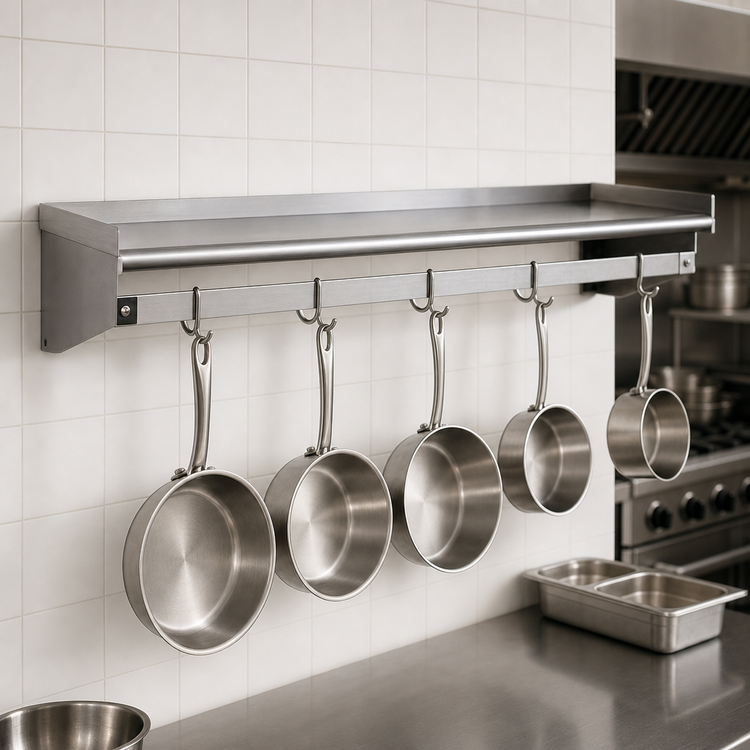 Product image #3 for Eagle Group Wall-Mounted Stainless Steel Pot Rack Shelf, 84 x 18 Inches, with 7 Removable Hooks