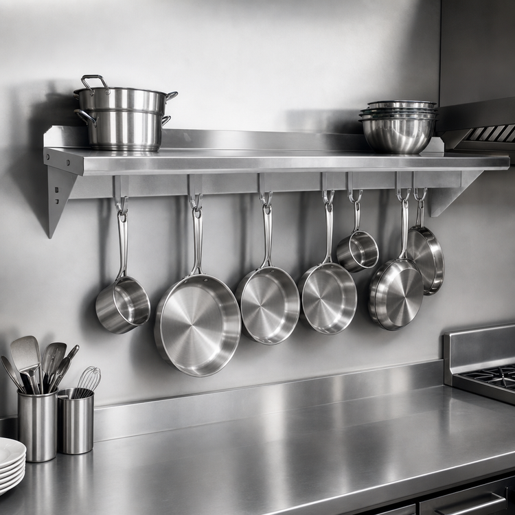 Product image #3 for John Boos Stallion Wall-Mount Pot Rack Shelf with 11 Hooks, 132 x 18 x 13 Inches