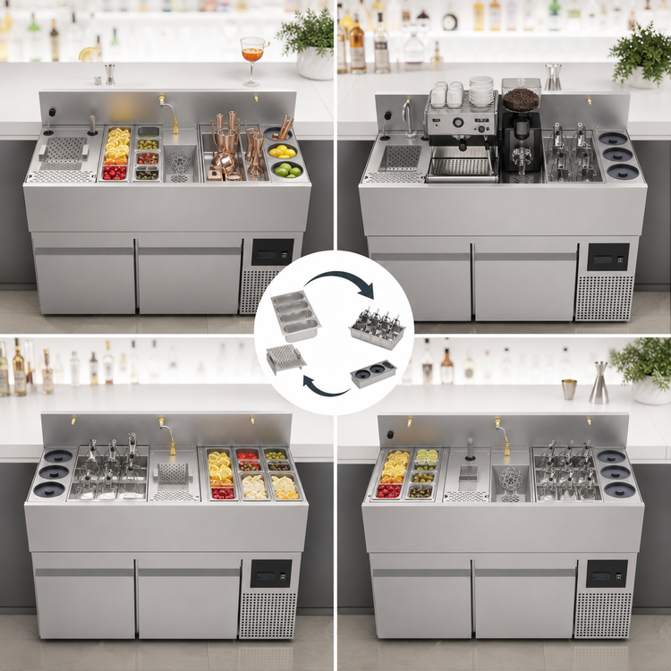 Product image #3 for Krowne MoveWell 48-Inch Adaptive Underbar Beverage Station with Ultra-Low Profile Refrigerated Base and Essential Inserts Bundle