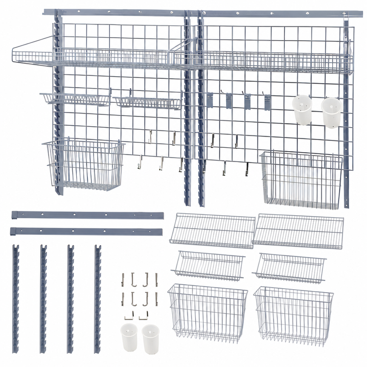 Product image #3 for Quantum Medium-Duty Wall-Mount Store Grid Starter Kit with Shelves, Baskets and Hooks
