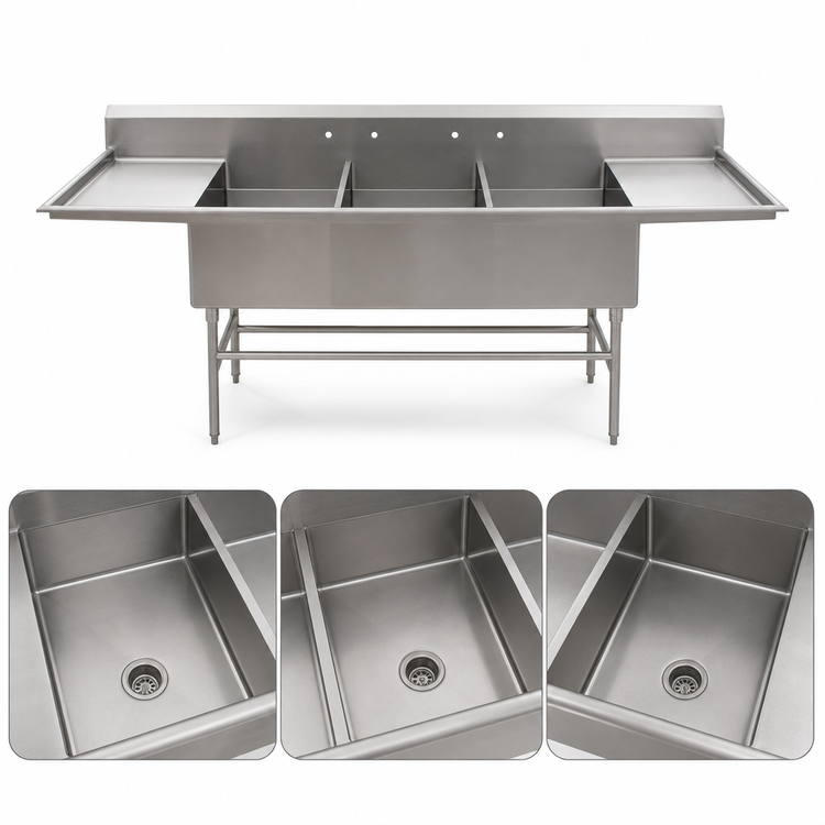 Product image #3 for Spec-Master FFN2790-3-24-14/3 Three Compartment Flush Front Stainless Steel Commercial Sink with 24 Inch Drainboards