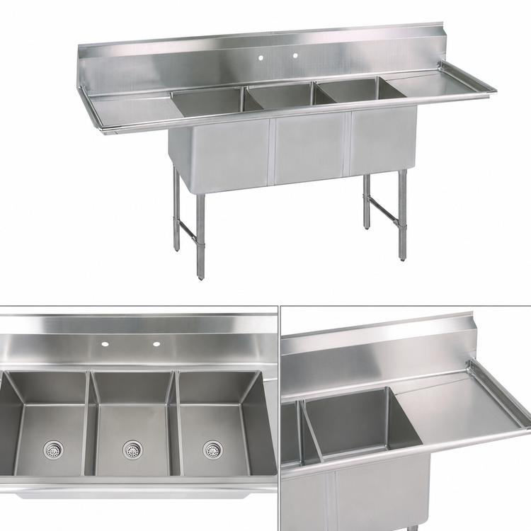 Product image #3 for 93-1/4-Inch Three-Compartment Stainless Steel Sink with Left and Right Drainboards and 10-Inch Backsplash