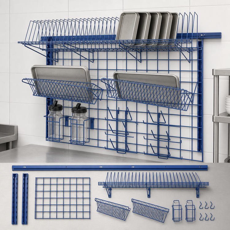 Product image #3 for Quantum Store Grid Medium-Duty Wall-Mounted Starter Kit with Tray Drying Racks, Bottle Holders, and Hooks